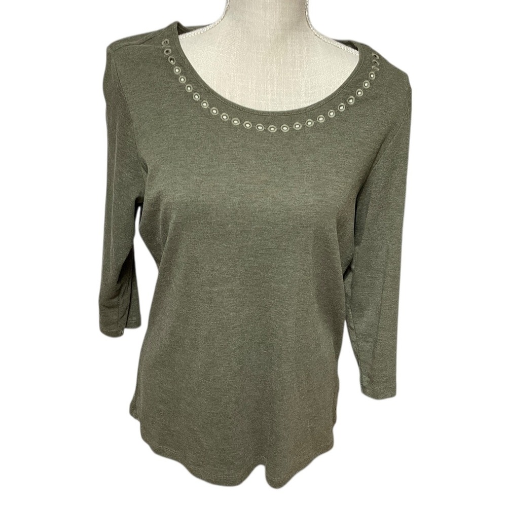 Christopher & Banks Women's Olive Green 3/4 Sleeve Top Grommet Neckline Size L - Picture 1 of 8